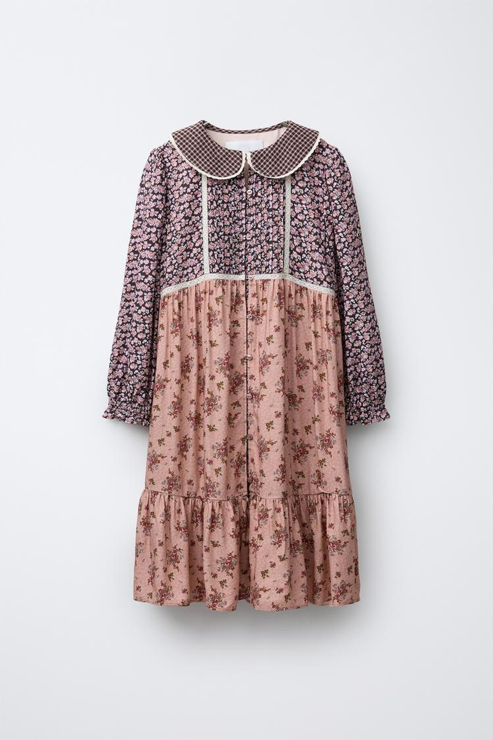 ZARA ПЛАТЬЕ ПЭЧВОРК С ЦВЕТОЧНЫМ ПРИНТОМ, КОРИЧНЕВЫЙ