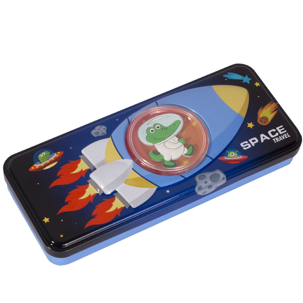 Пенал металлический 2 отделения Alingar, таблица умножения, органайзер, 100 х 220 мм, "Space travel. Космонавт", голубой (крокодильчик в ракете)