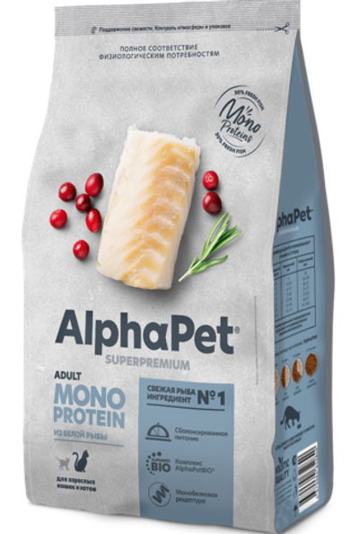 AlphaPet Superpremium Monoprotein для кошек из белой рыбы 400гр.