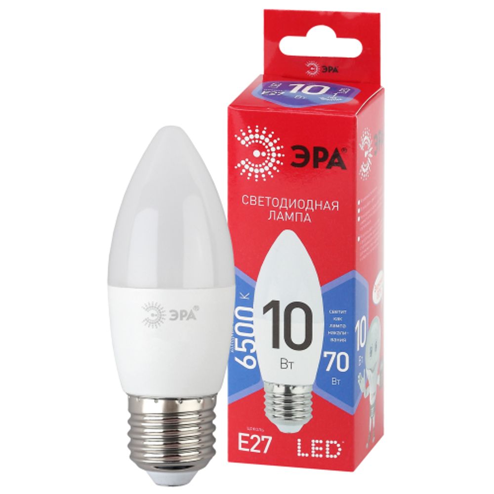 Лампа светодиодная ЭРА RED LINE LED B35-10W-865-E27 R 10Вт свеча холодный дневной свет Е27 | Лампы cветодиодные Свеча (B/C)