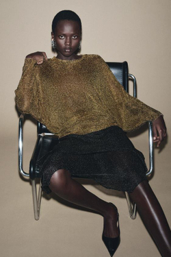 ZARA МЕТАЛЛИЗИРОВАННАЯ ТРИКОТАЖНАЯ ЮБКА, ЧЕРНЫЙ