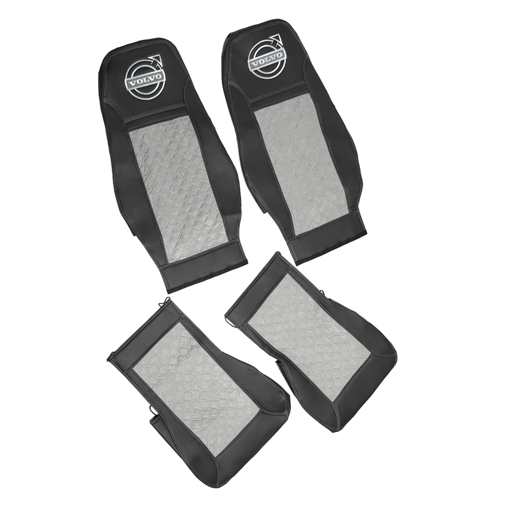 Чехлы VOLVO FH-13 после 2018 года: водитель от сиденья, пассажир от стойки кабины (один вырез под ремень) (экокожа, черный, серая вставка)