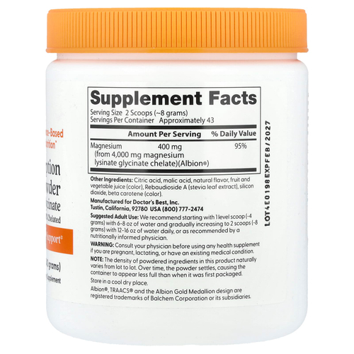 Doctor's Best, Порошок магния с высокой абсорбцией, фруктовый пунш, 340 г (12,1 унции)