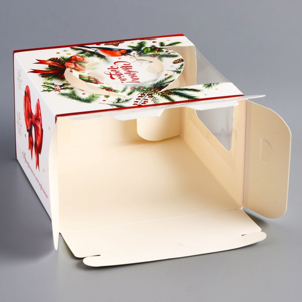 Коробка под бенто - торт с окном новогодняя «С Новым годом», 15.5×15.5×10 см