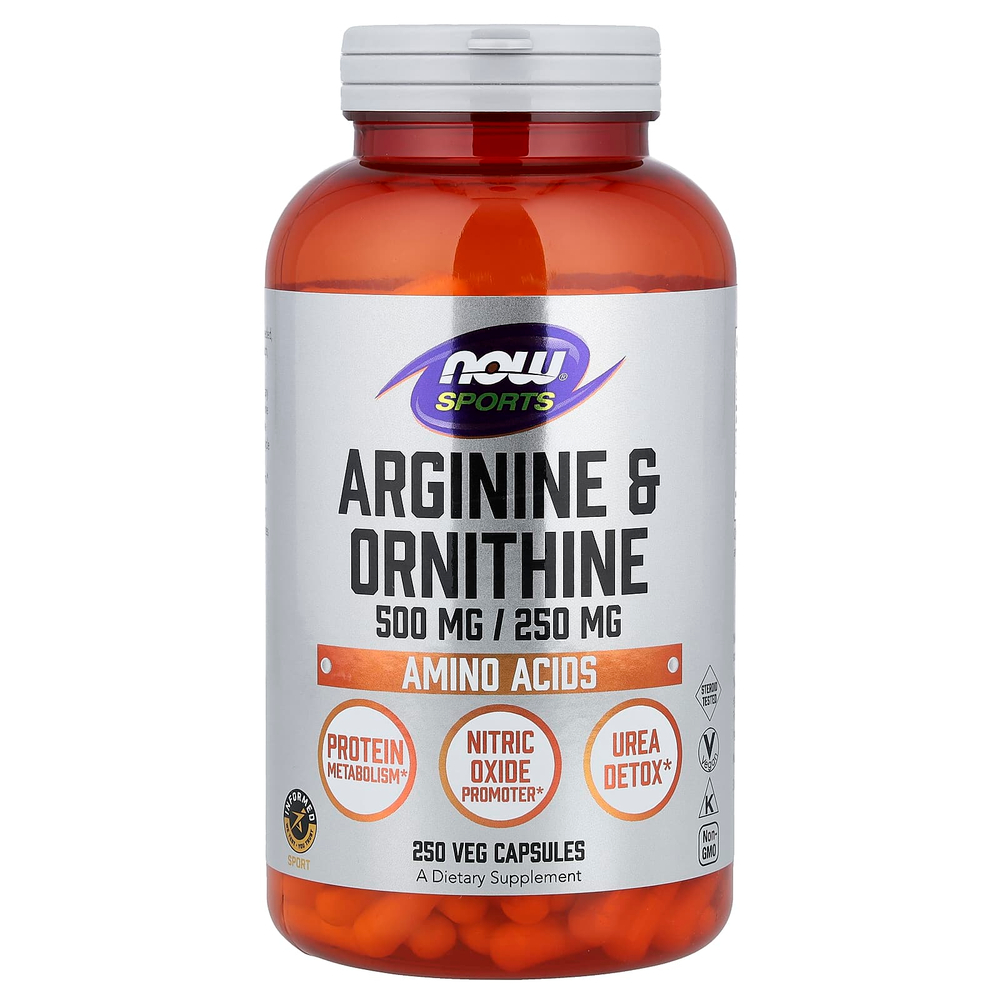 NOW Foods, Sports, аргинин и орнитин, 250 растительных капсул