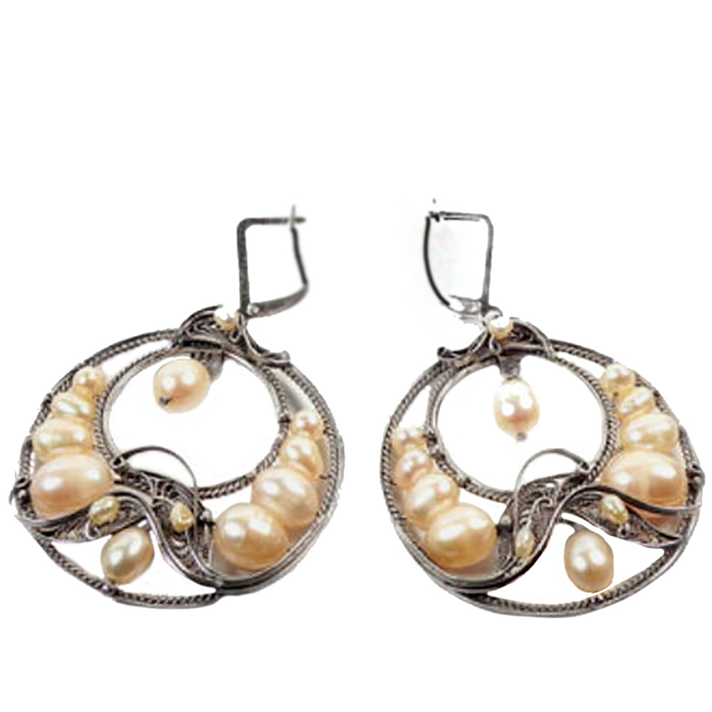 Серьги "Боярыня" жемчу, скань асс.