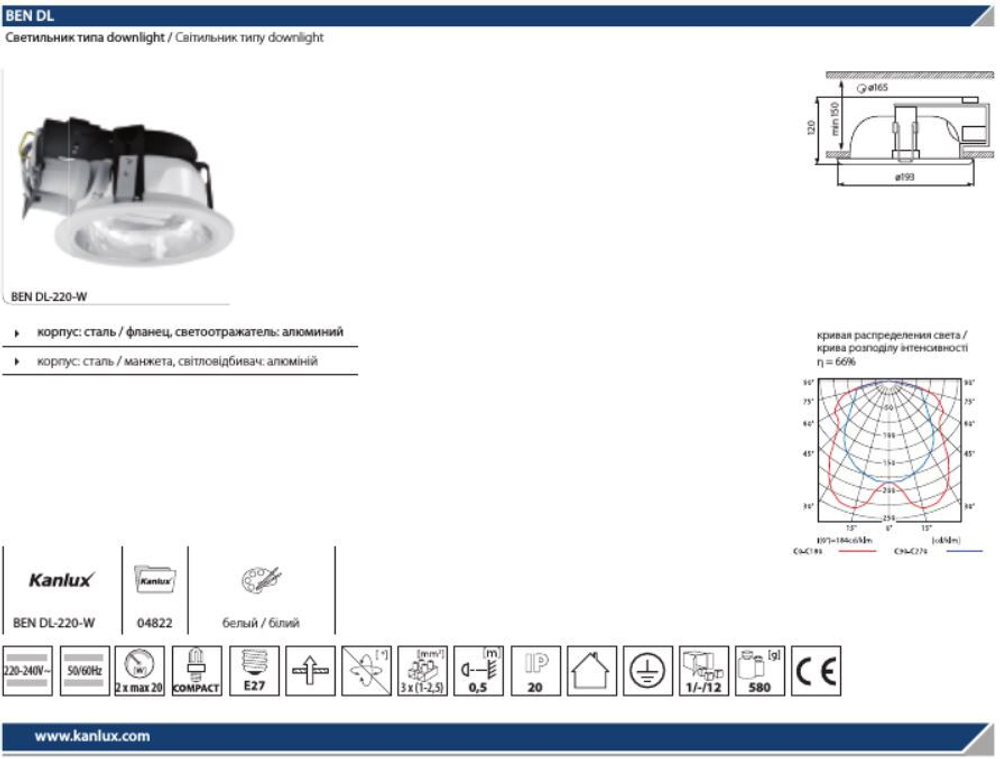 Светильник даунлайт KANLUX BEN DL-220-W