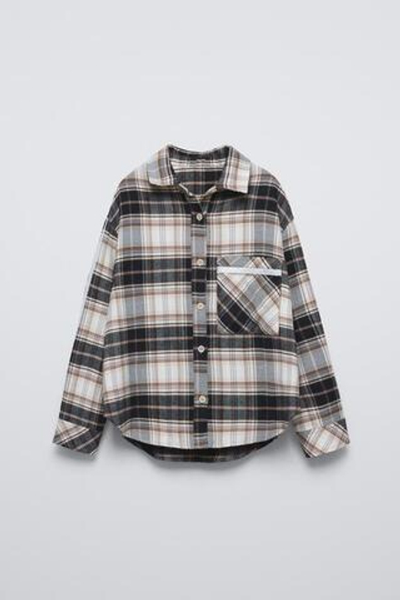 ZARA РУБАШКА В КЛЕТКУ С КАРМАНОМ, ЧЕРНЫЙ/ЭКРЮ
