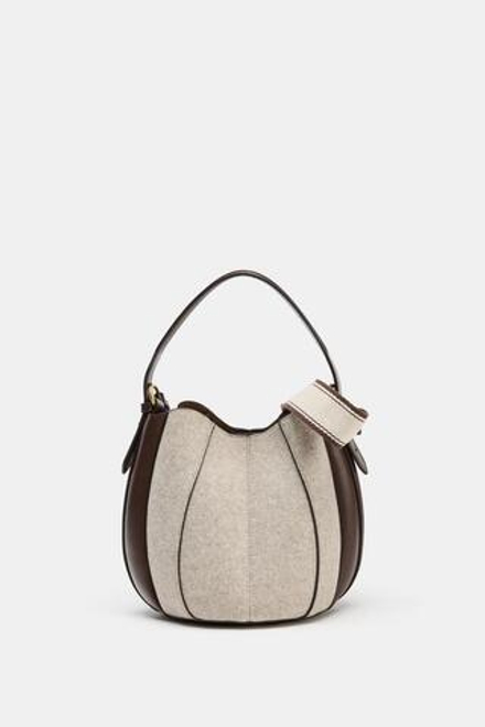 ZARA ТКАНЕВАЯ СУМКА-МЕШОК С ОТДЕЛКОЙ СТРОЧКОЙ, ЭКРЮ