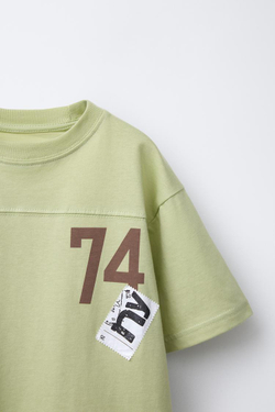 ZARA ФУТБОЛКА ИЗ ТКАНИ С ПРИНТОМ, СВЕТЛО-ЗЕЛЕНЫЙ