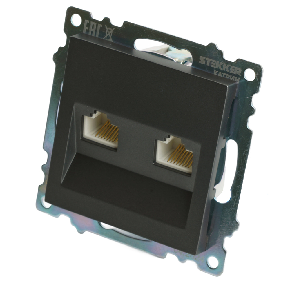 Розетка компьютерная 2-местная RJ-45 (механизм) STEKKER GLS00-7109-06 , серия Катрин, графит 50008