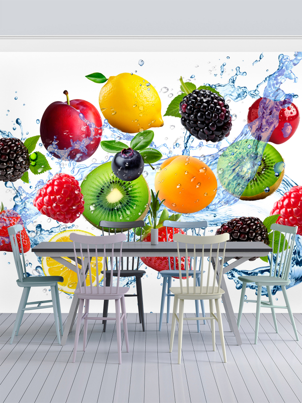 3D Яркие фотообои ягоды и фрукты для кухни