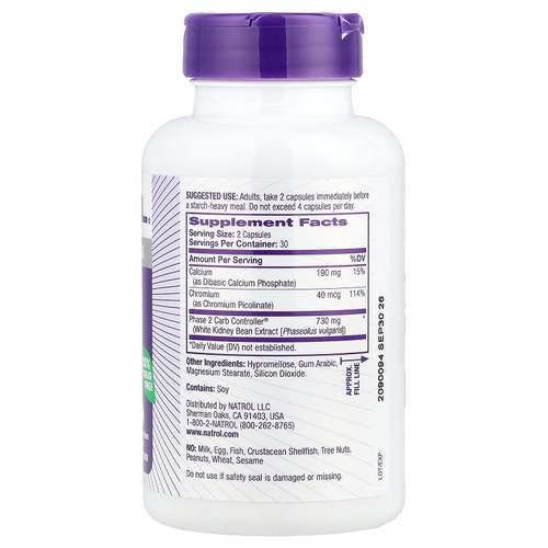 Natrol, Carb Interept, с регулятором углеводов фазы 2, 1000 мг, 60 растительных капсул (500 мг в 1 капсуле)