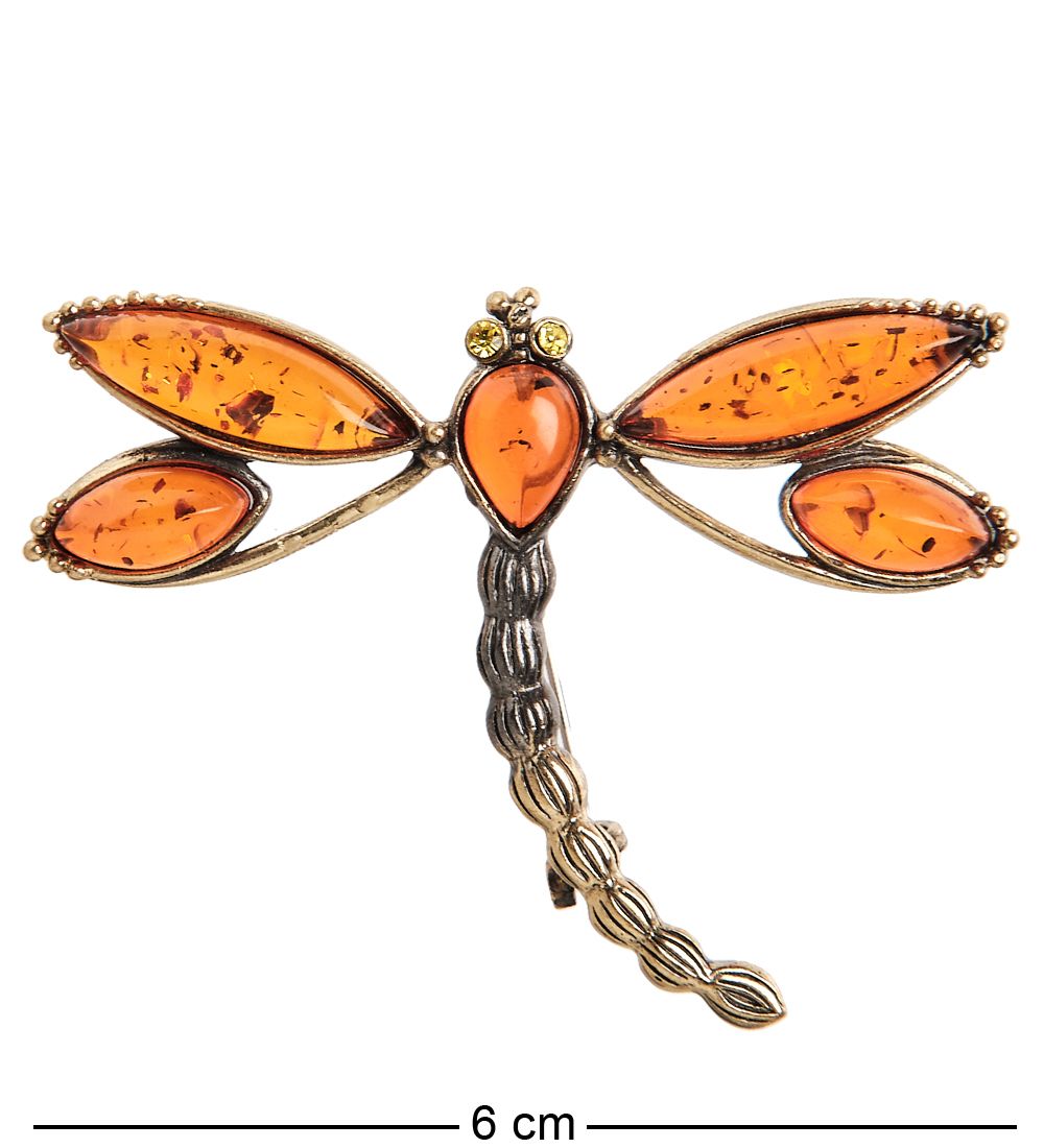 AM-2397 Брошь «Стрекоза Эмма» (латунь, янтарь)