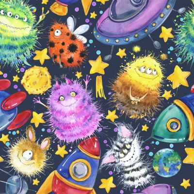 веселые космические монстры акварельный принт