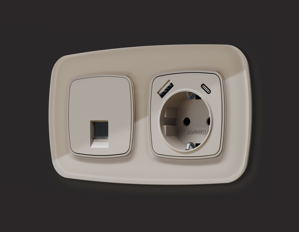 MO370010 Комплект механизма электрической розетки OMEGA Серо-бежевый матовый 2USB A+C 20W (быстрая зарядка) с/з QUANT (OP3700, VM160)