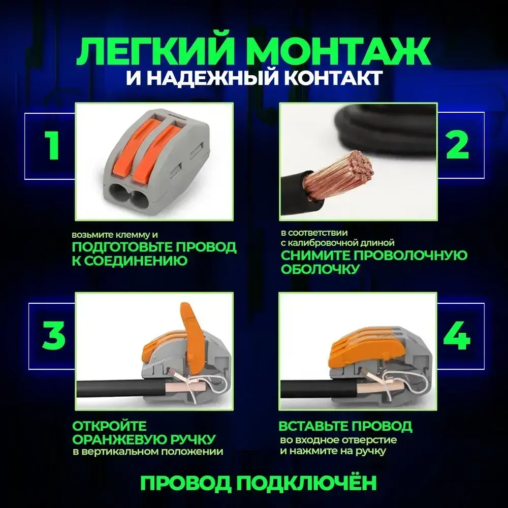 Клемма для проводов соединительная 2 контакта, тип WAGO (Ваго), 20 шт