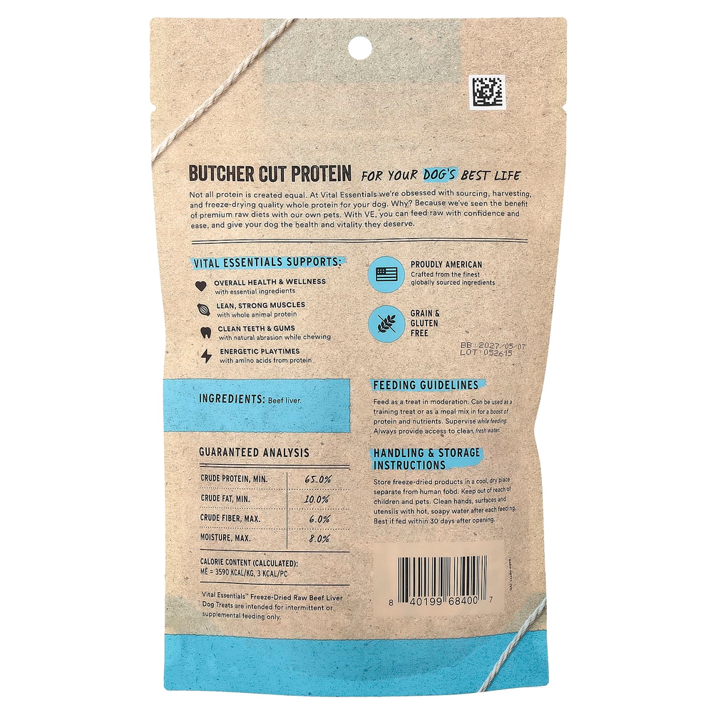 Vital Essentials, сублимированные лакомства для собак, со вкусом говяжьей печени, 59,5 г (2,1 унции)