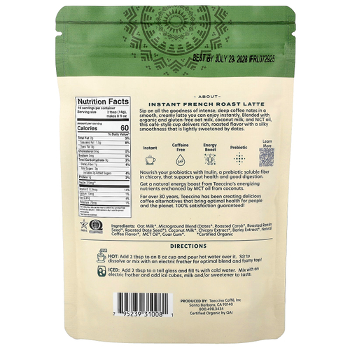 Teeccino, растворимое травяное латте, французская обжарка, темная обжарка, без кофеина, 224 г (7,9 унции)