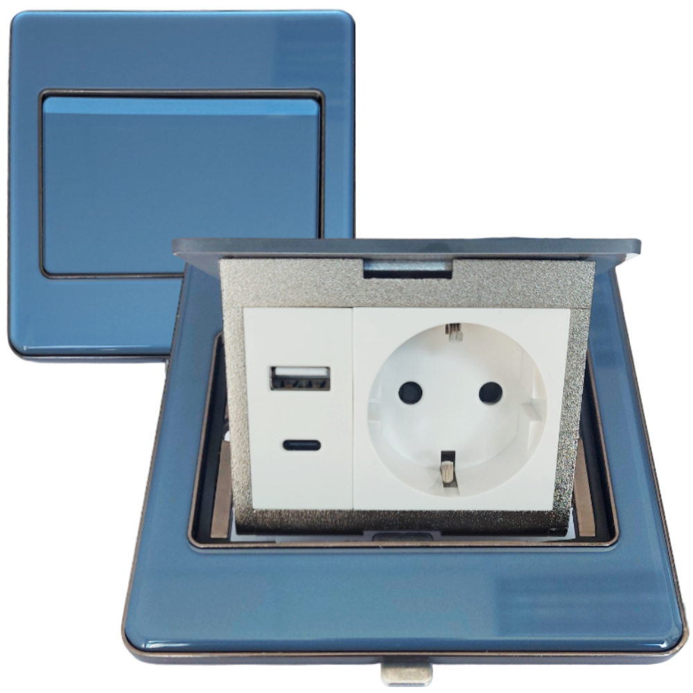 Лючок в пол стеклянный 1-РОЗЕТКА + USB+TYPE-C (цвет синий)