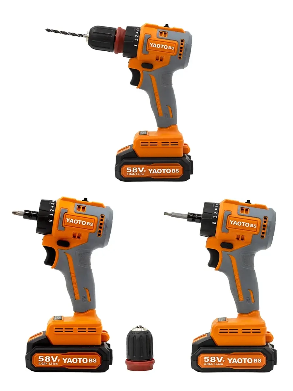 Дрель-шуруповерт трансформер YAOTO BS 58V: 4 сменных патрона, 3000 об/мин, Li-ion 4.0Ah, мощная подсветка