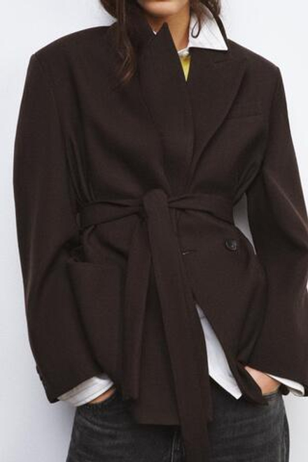 ZARA БЛЕЙЗЕР ИЗ 100% ШЕРСТИ С ПОЯСОМ — ZW COLLECTION LIMITED EDITION, ОТТЕНКИ КОРИЧНЕВОГО