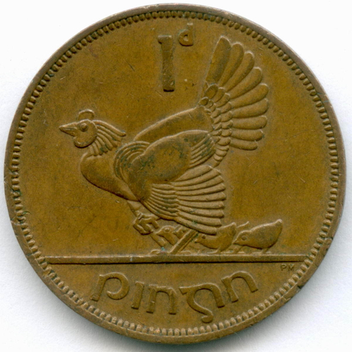 1 пенни 1968 год. Ирландия. Курица. Бронза, диаметр 30.9 мм. XF