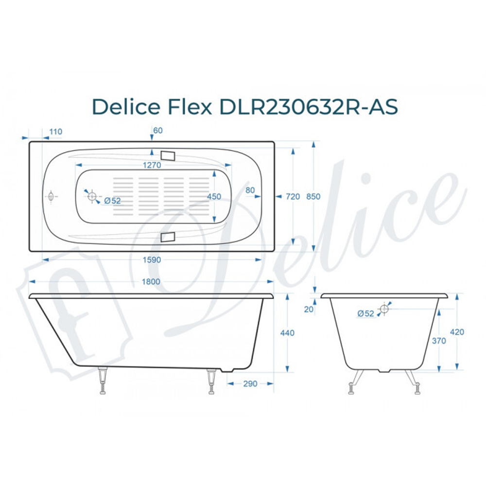 Ванна чугунная Delice Flex 180х85 с отверстиями под ручки и антискользящим покрытием DLR230632R-AS