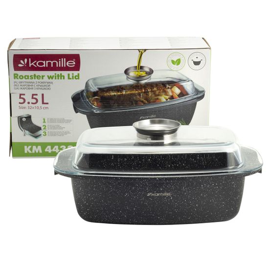 Кастрюля-гусятница 5,5 л. Kamille KM 4433 из литого алюминия с антипригарным покрытием и стеклянной крышкой