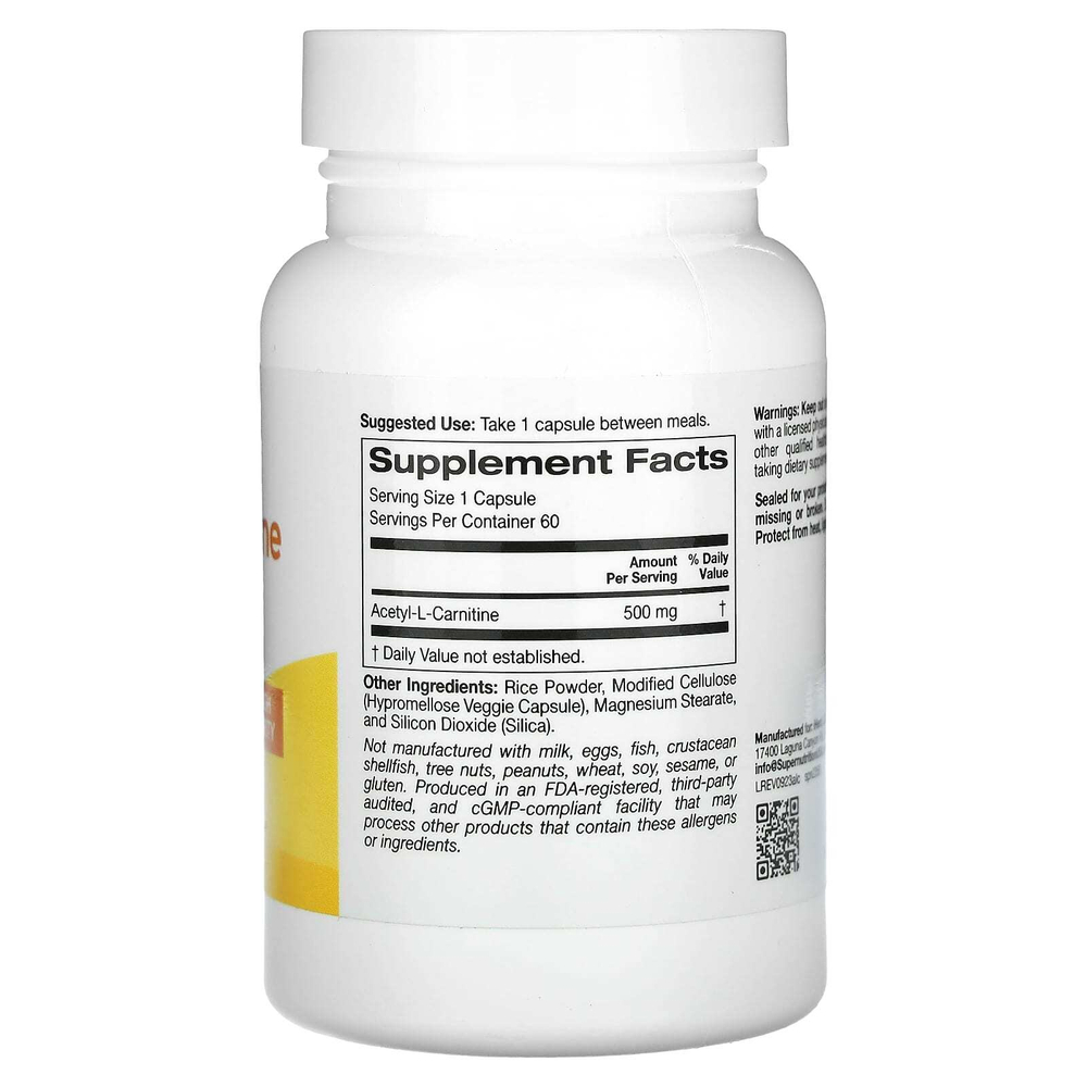 Super Nutrition, ацетил-L-карнитин, 500 мг, 60 растительных капсул