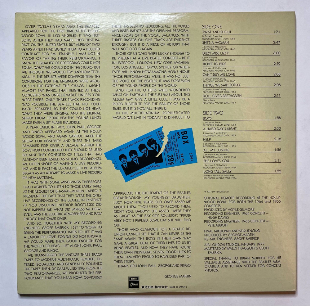 Винтажная виниловая пластинка LP The Beatles At The Hollywood Bowl (Japan 1977) (No Obi)