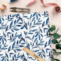 Ткань барби утончённые листья синие