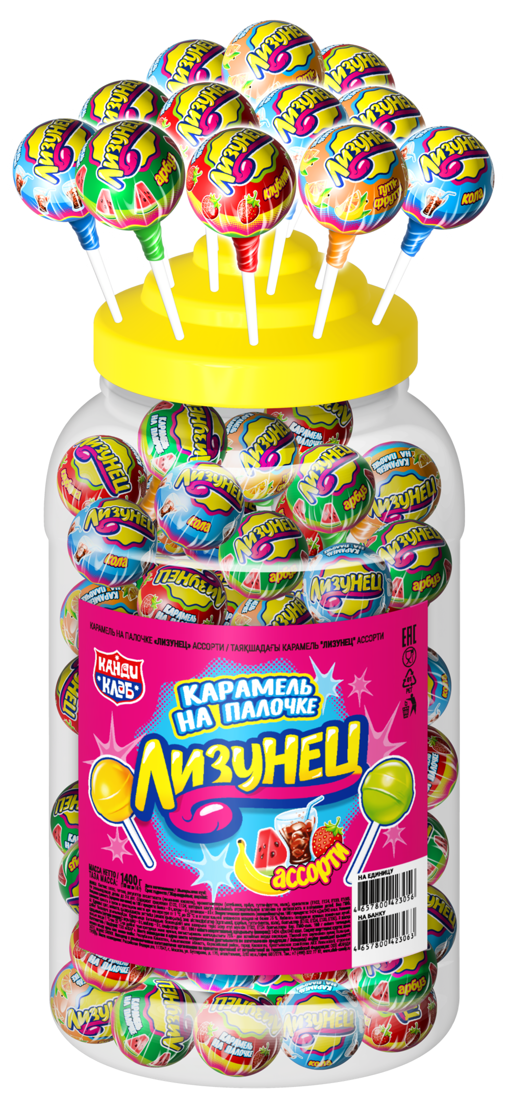 Карамель на палочке "Лизунец" ассорти 14г*100шт*6банок