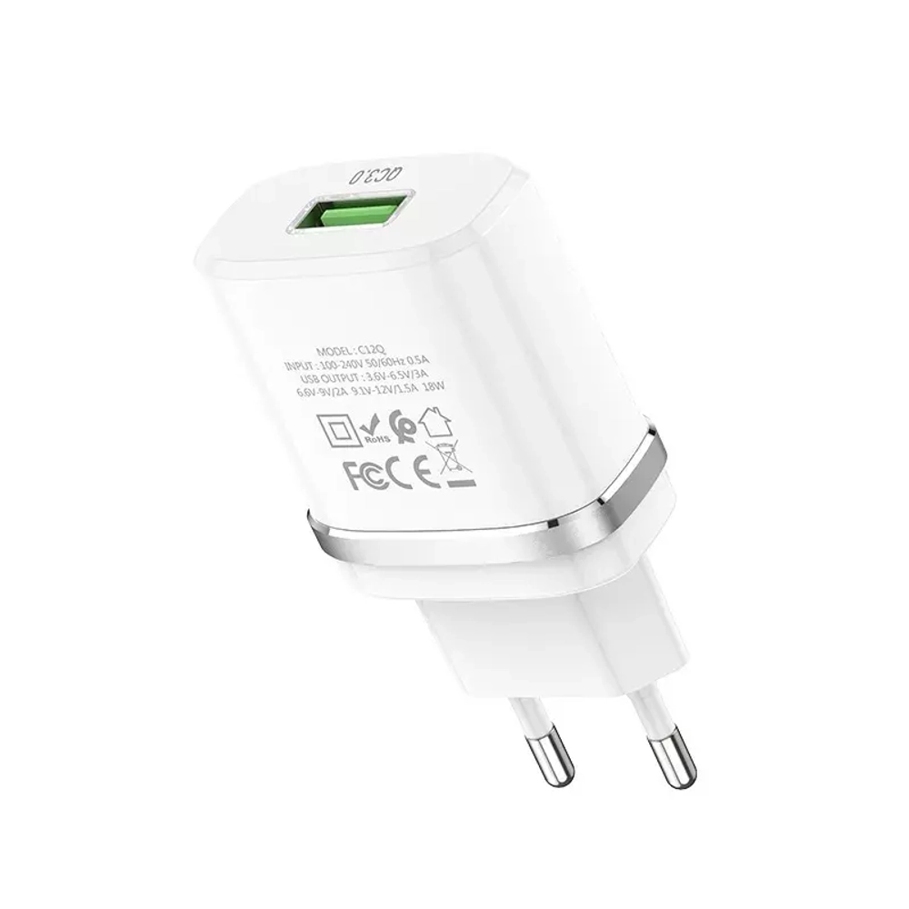 СЗУ USB Hoco C12Q (18W, QС3.0, кабель MicroUSB) Белый