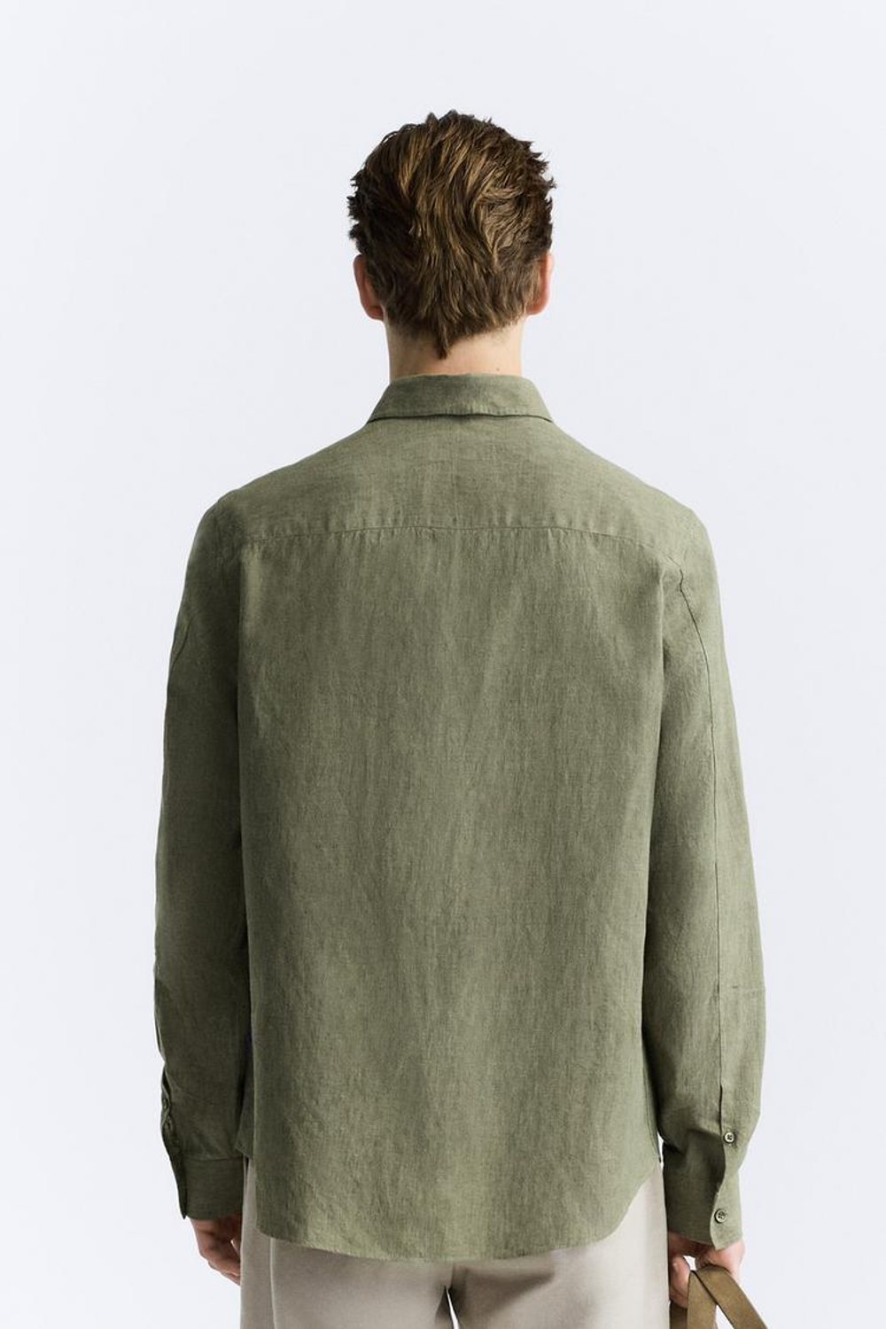 ZARA РУБАШКА ИЗ ХЛОПКА И ЛЬНА, ЗЕЛЕНЫЙ