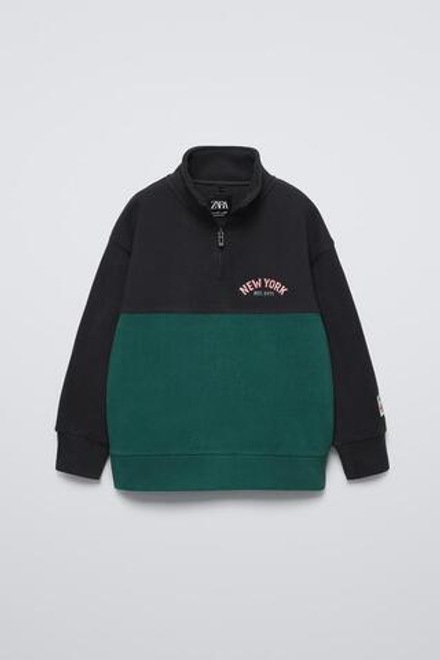 ZARA ХУДИ В СТИЛЕ КОЛОР-БЛОК ИЗ ФЛИСА, ЗЕЛЕНЫЙ/СЕРЫЙ