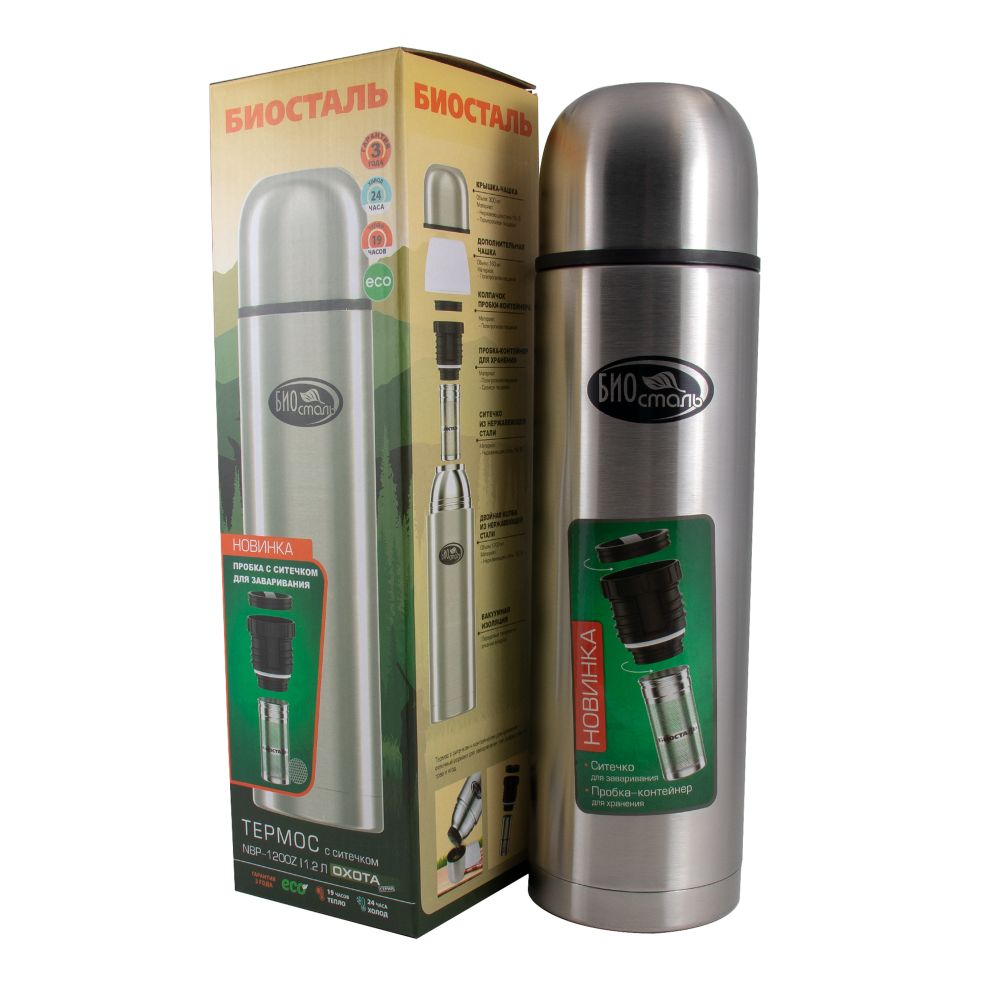 Термос &quot;Биосталь-ОХОТА&quot; с узкой горловиной и пробкой с ситечком, 1,2 л/12/