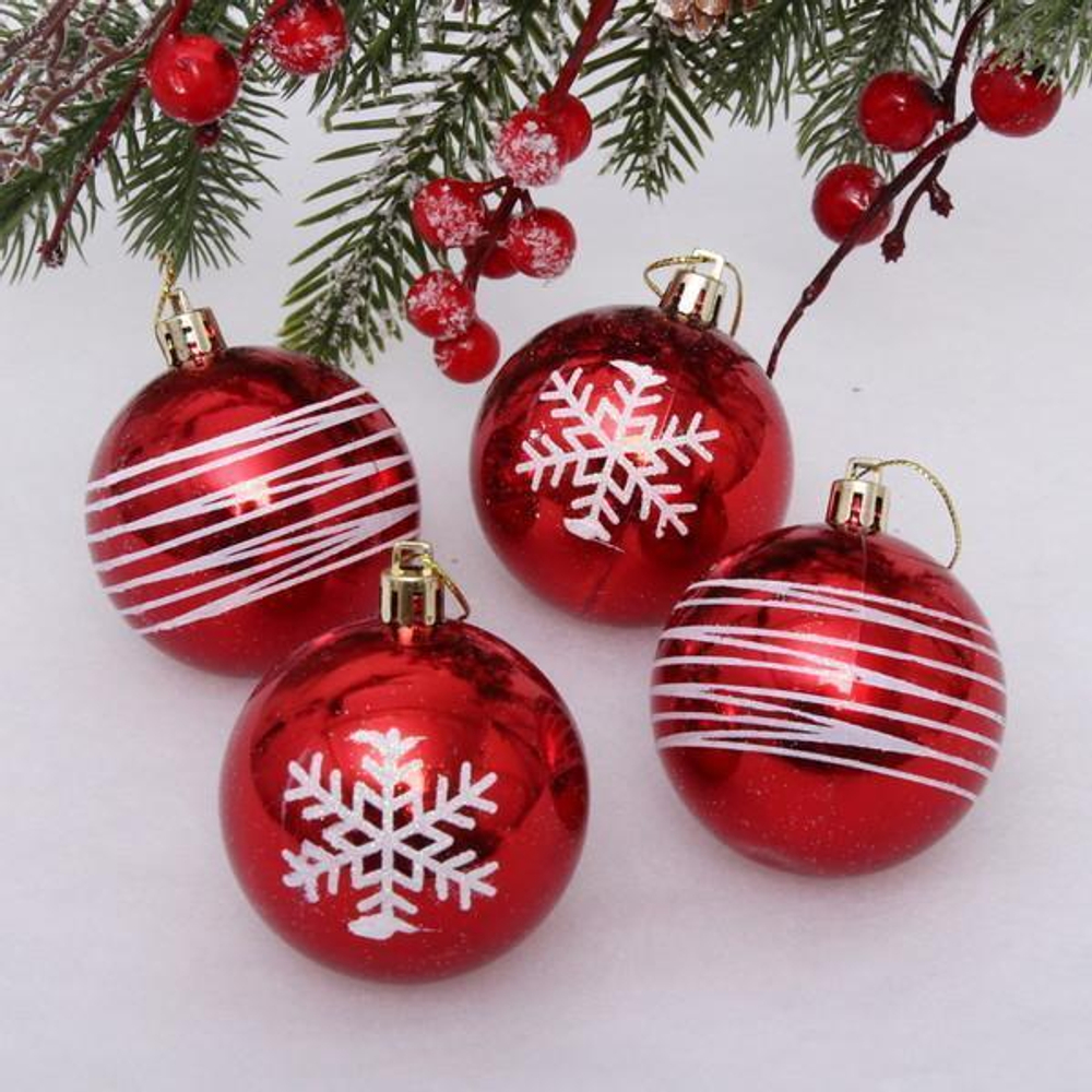 Новогодние шары 6 см (набор 4 шт) "Снежные нити", красный/белый (Серпантин)