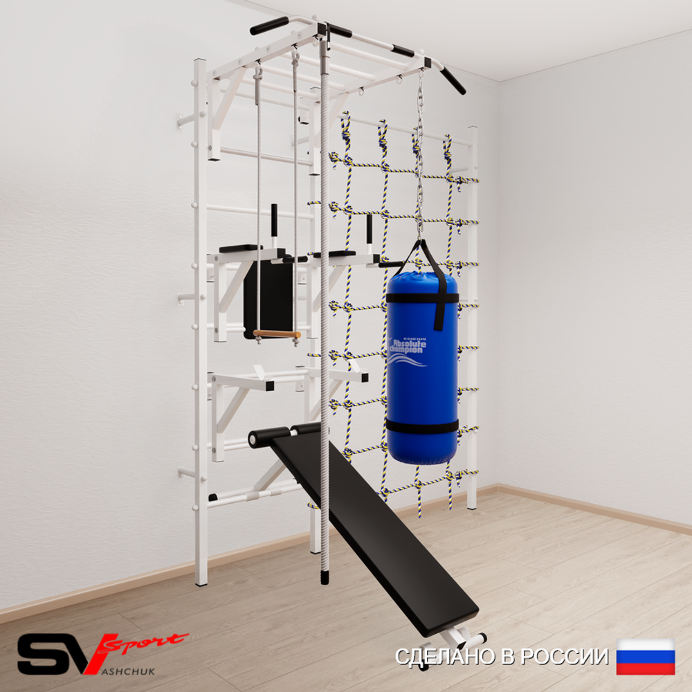 Шведская стенка Sv Sport 56610 (Турник рукоход/Брусья/Стойка/Скамья/Канат/Трапеция/Цепь/Мешок 15кг/Канатный лаз)