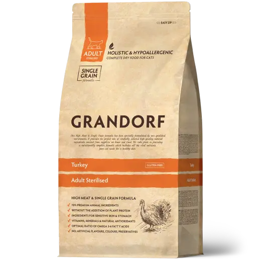 Сухой низкозерновой корм GRANDORF CAT Turkey STERILISED Индейка для стерилизованных кошек 0,4кг