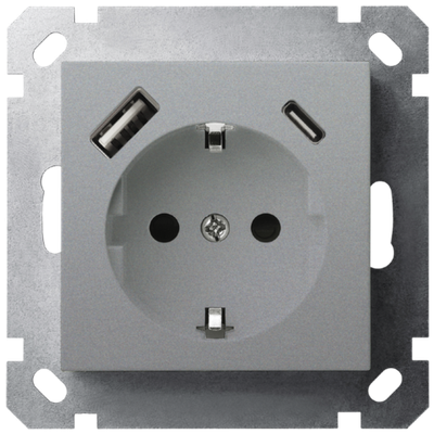 Розетка SCHUKO© с USB A+C с защитными шторками 16A 250V~ 2P+T USB 25W, цвет Алюминий