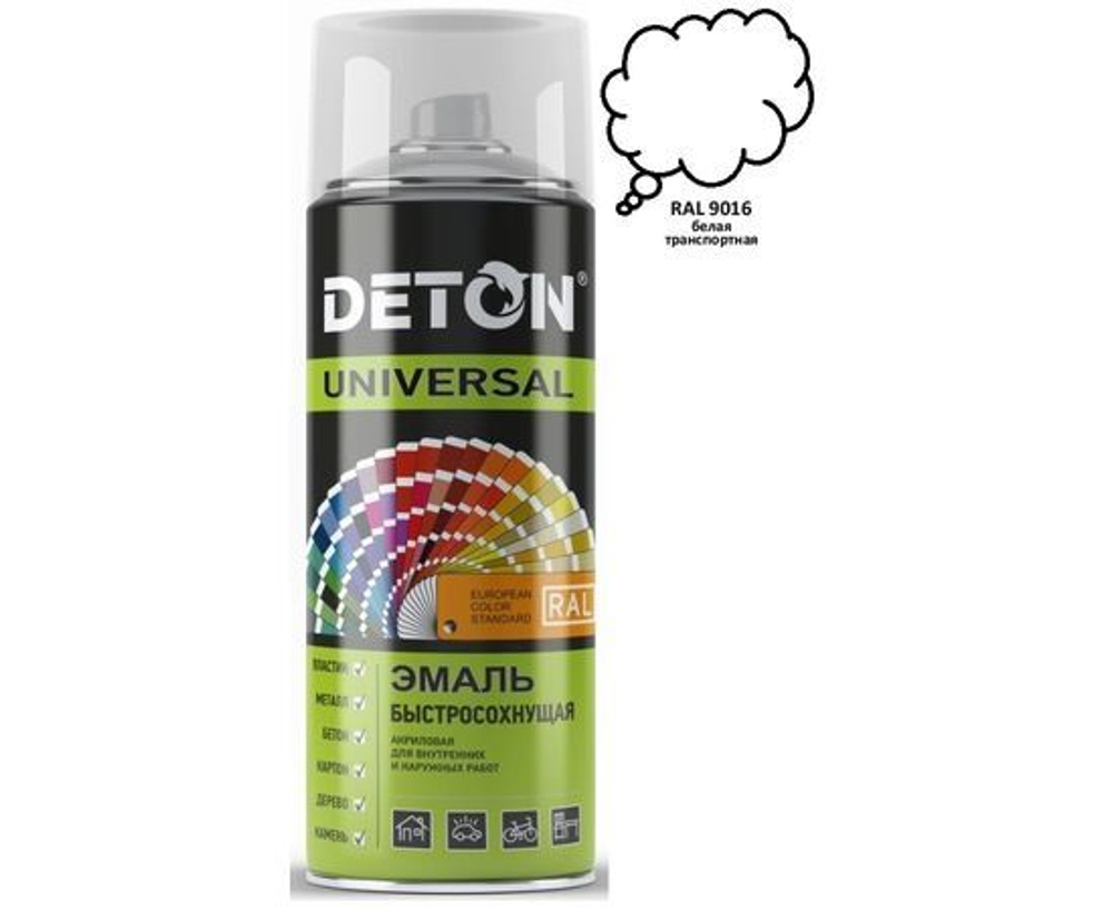 Deton Аэрозольная краска Быстросохнущая, Акриловая, Глянцевое покрытие, 0.52 л, белый