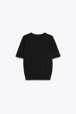 ZARA БАЗОВЫЙ ОДНОТОННЫЙ ТРИКОТАЖНЫЙ ТОП С КОРОТКИМИ РУКАВАМИ, ЧЕРНЫЙ