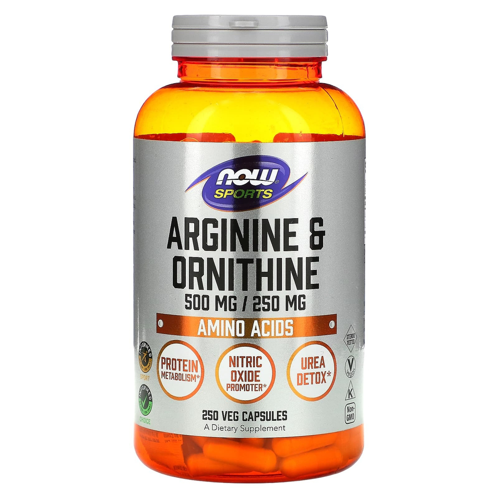 NOW Foods, Sports, аргинин и орнитин, 250 растительных капсул