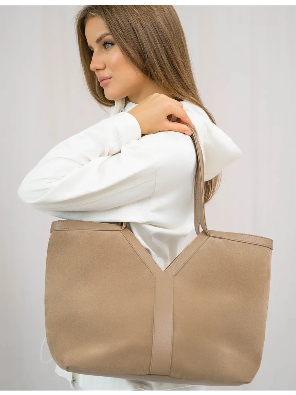 Сумка через плечо большая шоппер натуральная замша