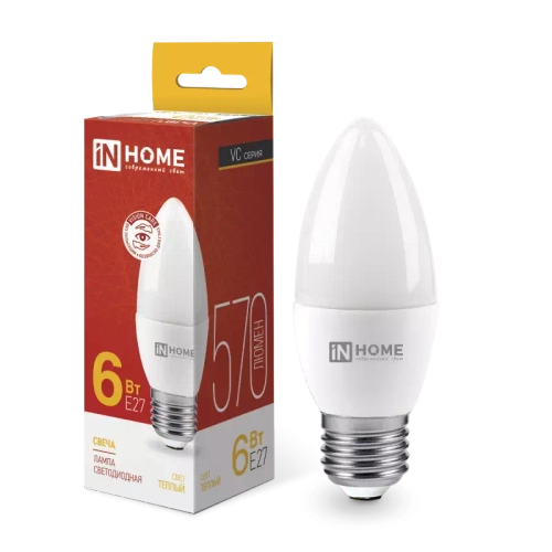 Лампа светодиодная LED-СВЕЧА-VC 6Вт 230В Е27 3000К ТЕПЛЫЙ 570Лм IN HOME