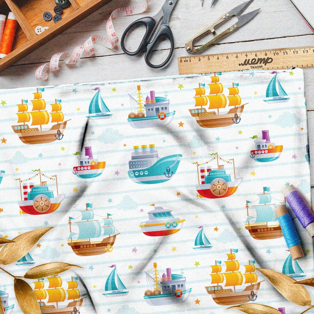 Ткань дюспо детские кораблики на белом фоне