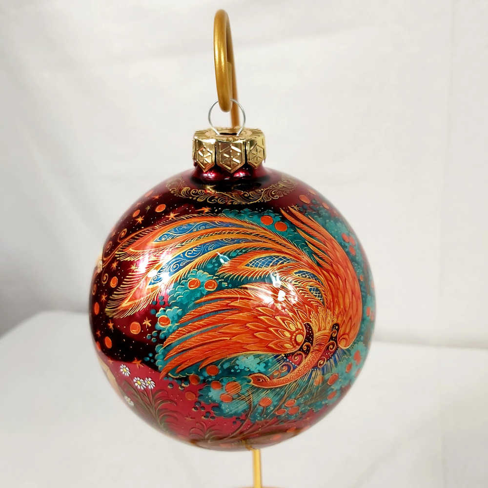 Шар новогодний с полной росписью "Жар-птица" на красном в коробке