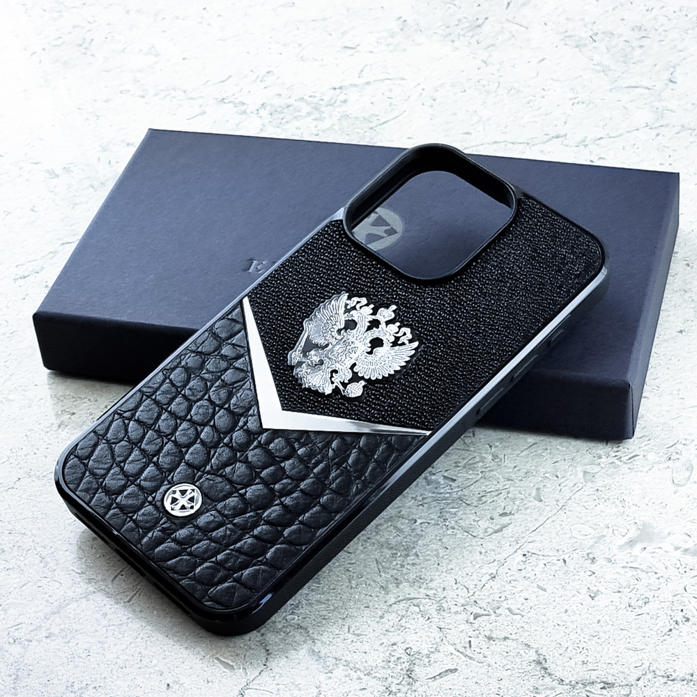 Стильный чехол iphone с гербом России купить - Euphoria HM Premium - натуральная кожа miniCROC, ювелирный сплав