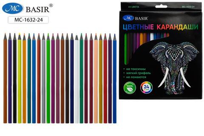 Карандаши 24цв. "Слон" черный пластик, шестигран, яркие цвета (Basir)